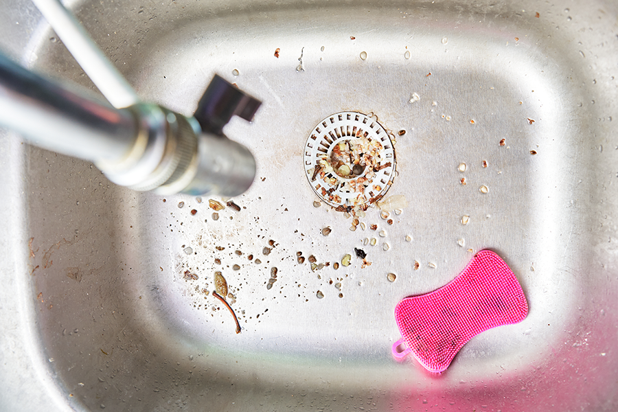 Stainless steel kitchen sink with small pieces of food debris stuck in a garbage disposal in Collinsville, IL. A pink sponge is being used to clean the garbage disposal.