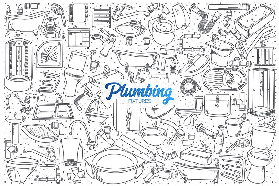 A montage illustration of plumbing fixtures.