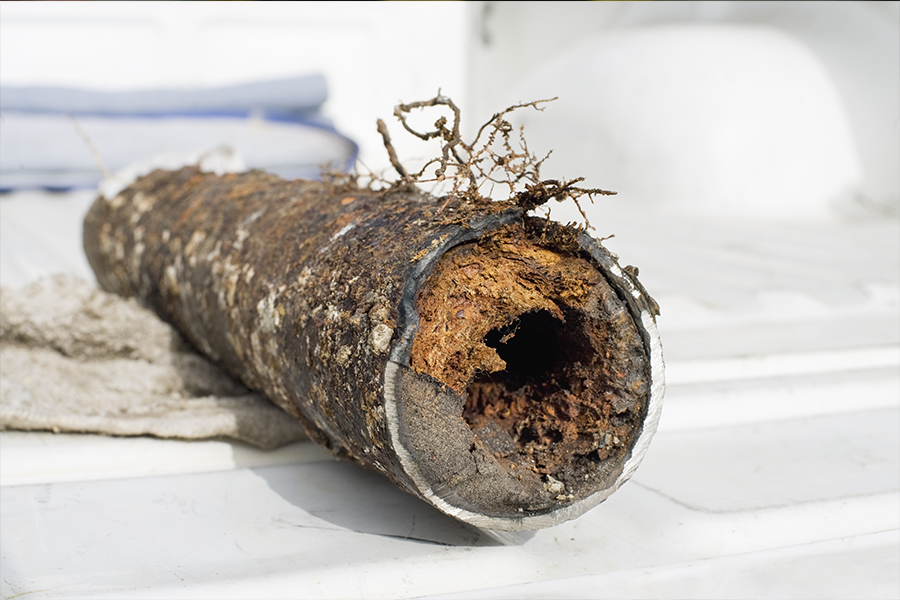A sewer pipe clogged with tree roots in Glen Carbon, Illinois.