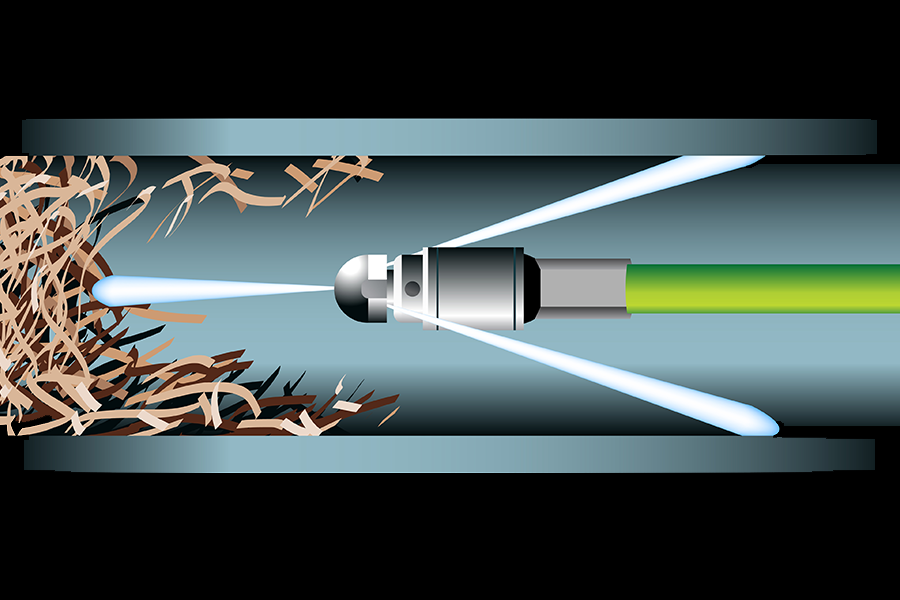 A vector illustration of a hydro-jetting tool pushing away roots & debris inside a pipe.
