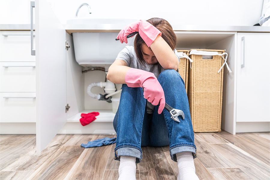 Woman under stress after trying to fix a plumbing issue. She requires an emergency plumbing service in the Metro East, IL area.